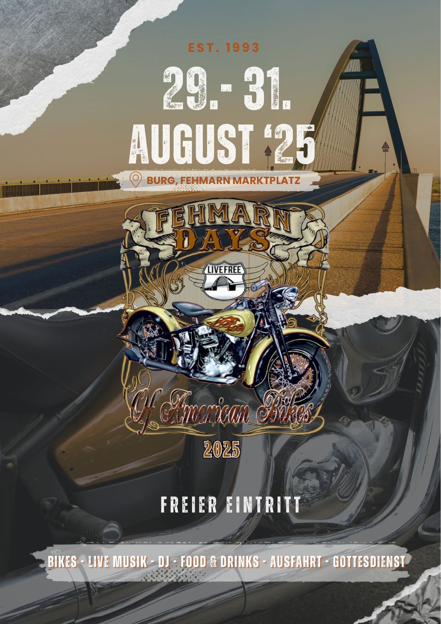 Plakat für die Fehmarn Days 2025 mit Datum, Ort und Programm. Ein Motorrad und eine Brücke sind abgebildet. Freier Eintritt wird beworben.