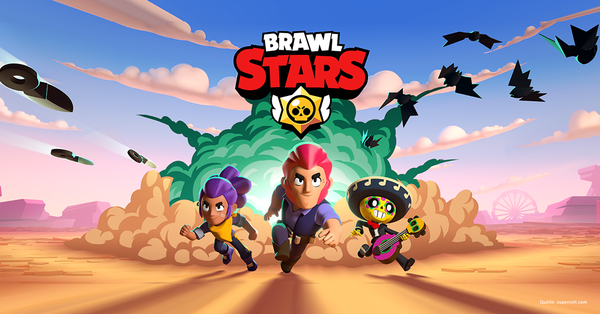 Drei Charaktere aus Brawl Stars rennen vor einer Explosion in einer Wüstenlandschaft. Der Himmel ist rosa und es fliegen Vögel und Raketen.