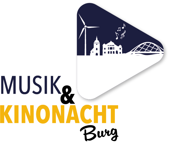 Logo der Musik & Kinonacht Burg 2025 mit Gebäuden, Windrad und Noten in einem dreieckigen Rahmen. Text: Musik & Kinonacht Burg.