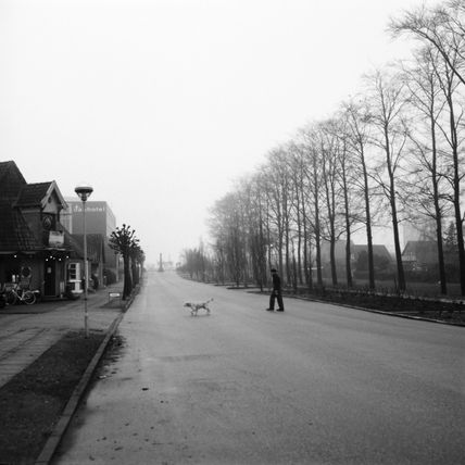 Schwarzweißaufnahme der Rodby-Straße mit Spaziergänger und Hund, kahlen Bäumen, Häusern und einem Hotel im Hintergrund.