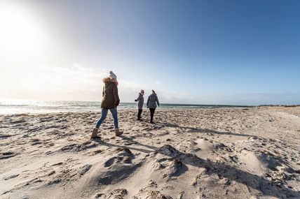 Drei Personen in Winterkleidung gehen am Südstrand auf Fehmarn entlang des sandigen Strands mit Meer im Hintergrund.