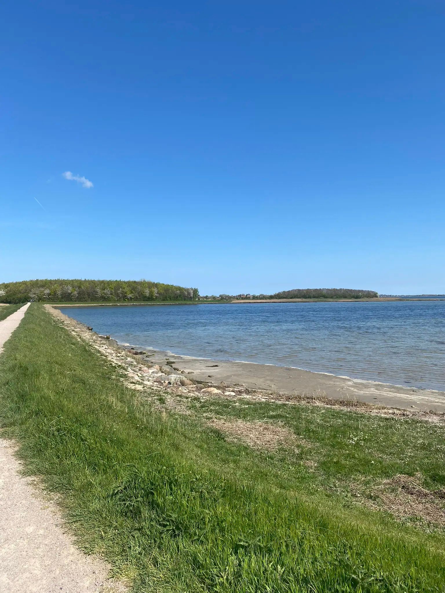 Ein grasbewachsener Deichweg führt entlang eines ruhigen Meeres unter klarem, blauem Himmel. Im Hintergrund sind bewaldete Inseln sichtbar.
