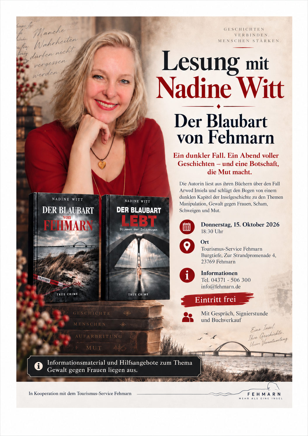 Plakat zur Lesung mit Nadine Witt über „Der Blaubart von Fehmarn“ auf Fehmarn, mit Porträt, Buchcovern und Termindetails.