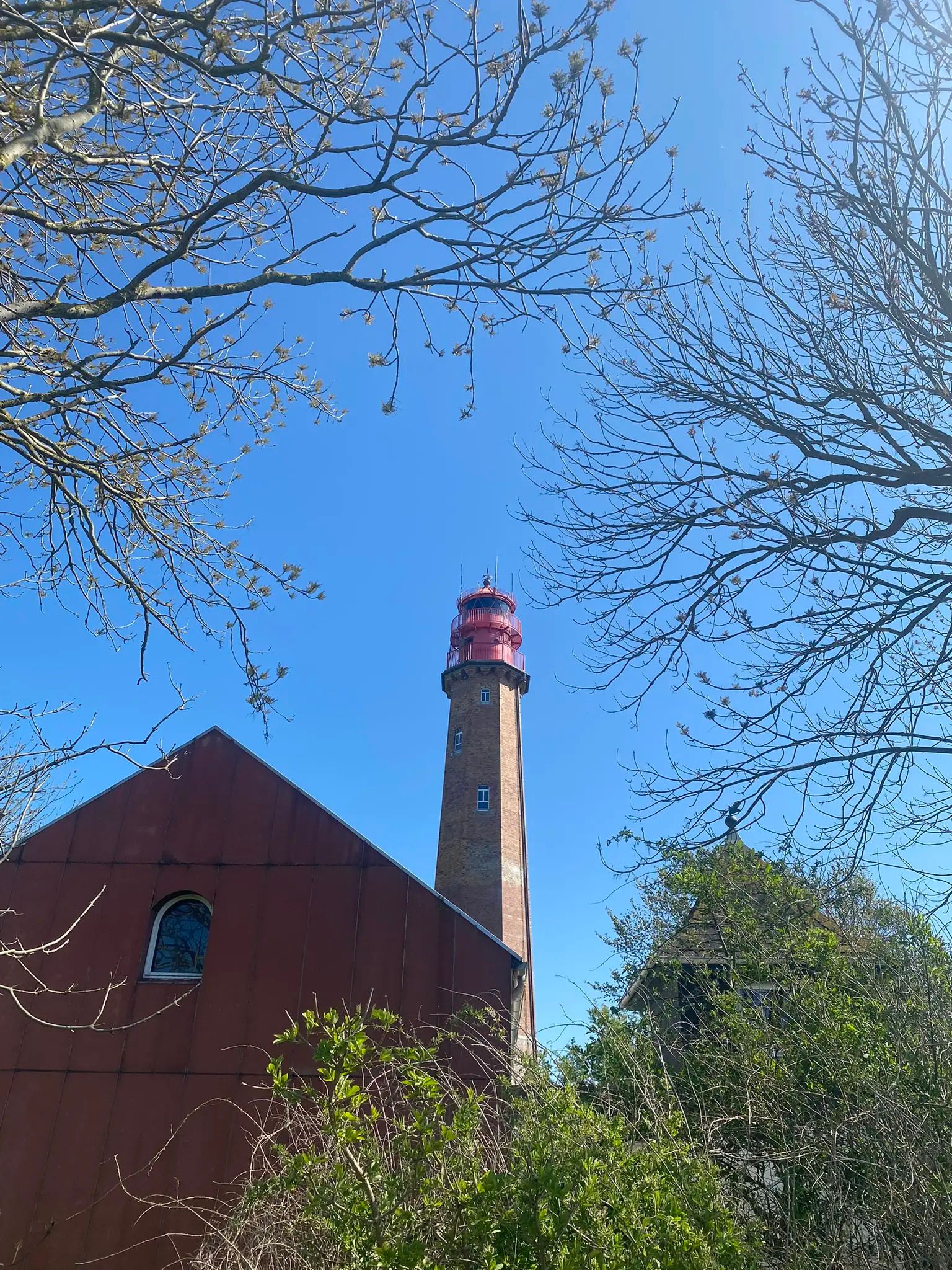 Ein Leuchtturm mit rotem Dach ragt hinter einem roten Gebäude hervor, umgeben von Bäumen und blauem Himmel.