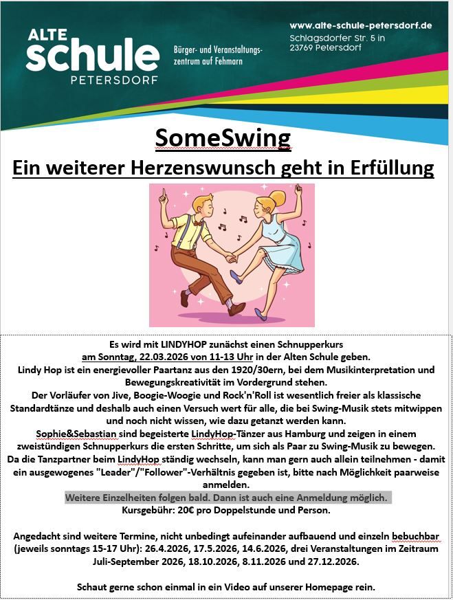 Flyer für einen Lindy Hop Schnupperkurs am 22.03.2026 in der Alten Schule Petersdorf. Enthält Infos zu Kursgebühr und weiteren Terminen.