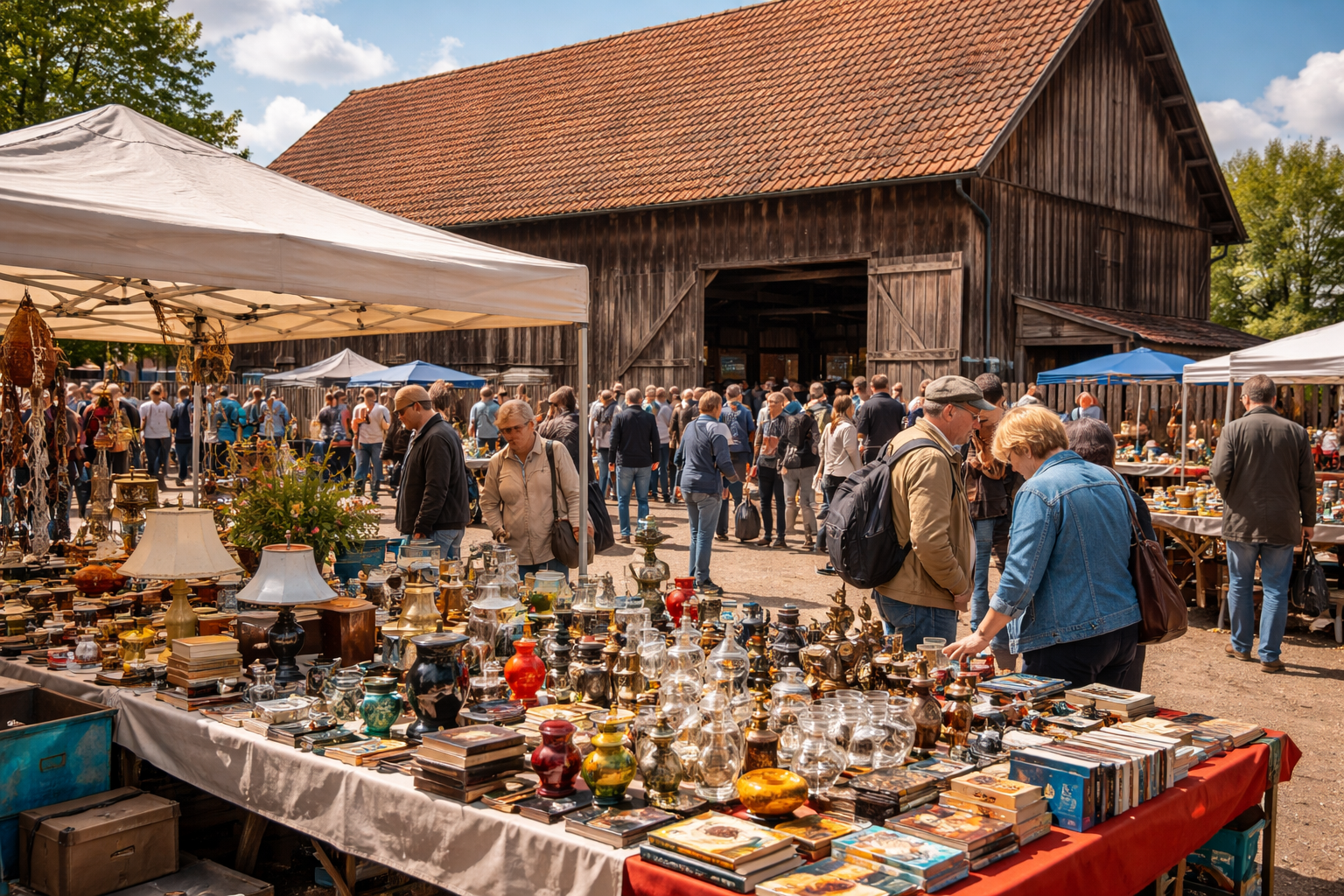 Ein belebter Flohmarkt mit vielen Besuchern, die Antiquitäten und Bücher an Ständen vor einer großen Holzscheune durchstöbern.