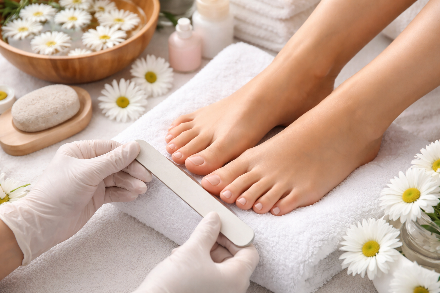 Eine Pediküre-Szene mit einer Person, die eine Feile benutzt. Die Füße liegen auf einem Handtuch, umgeben von Kamillenblüten und Pflegeprodukten.