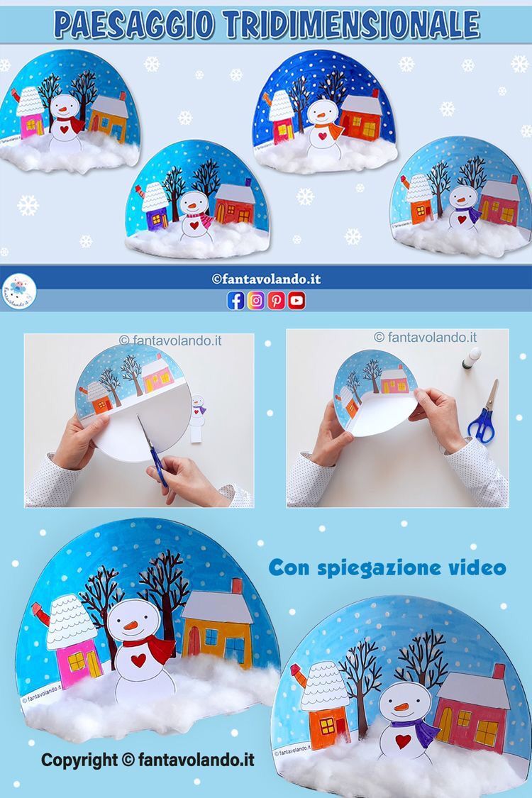 Anleitung zur Erstellung einer 3D-Schneekugel mit Schneemann und Häusern. Enthält Bastelschritte und Videoerklärung.