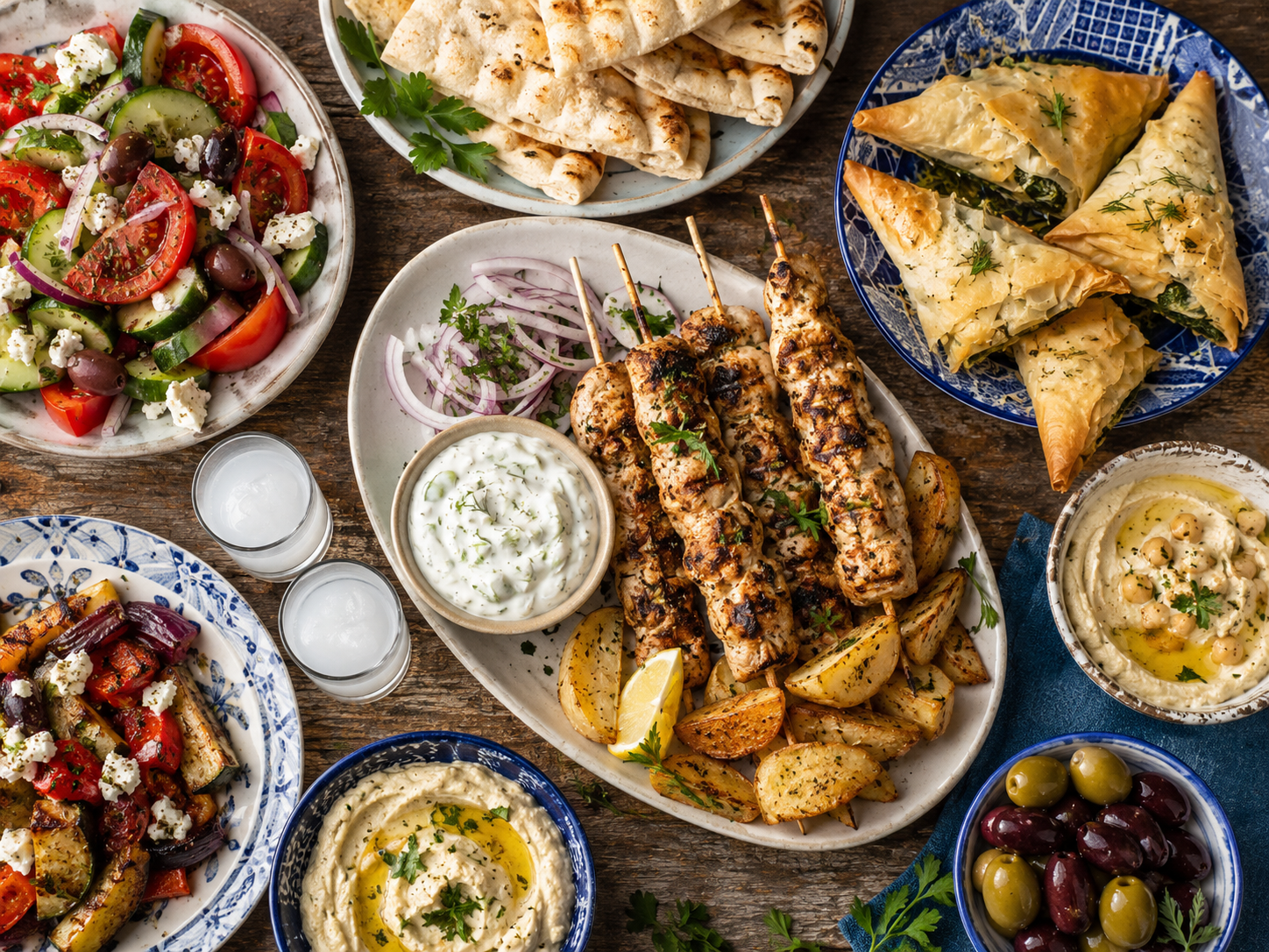 Ein reich gedeckter Tisch mit griechischen Speisen: Salat, Fleischspieße, Spinatpasteten, Hummus, Oliven und Fladenbrot.