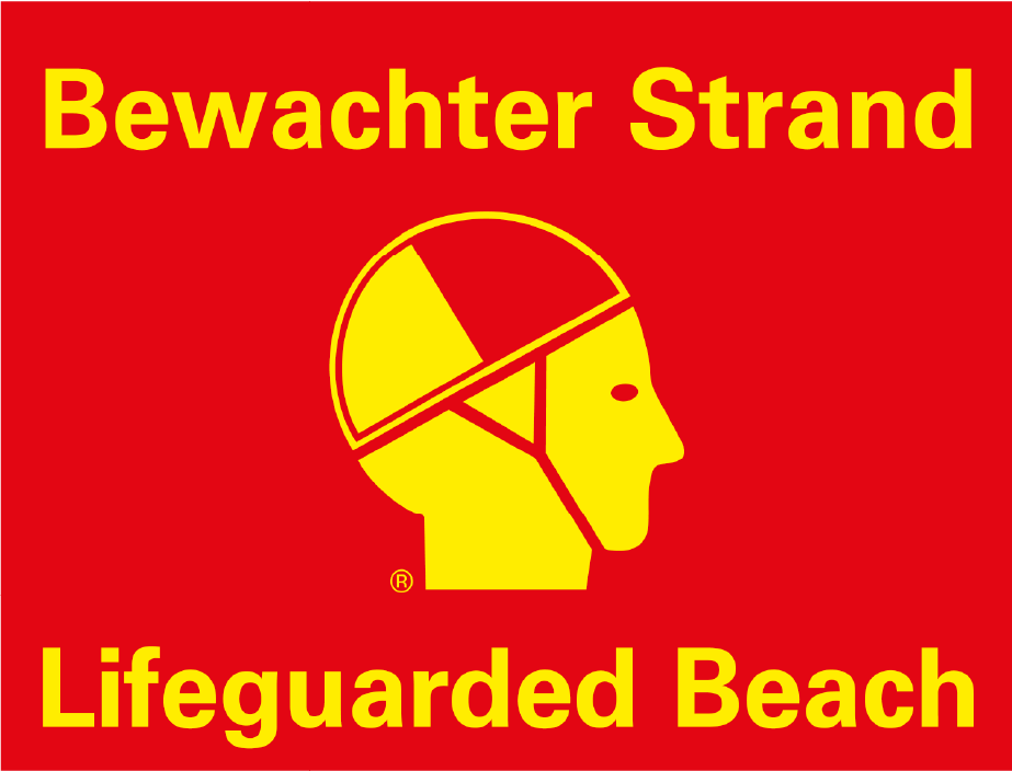 gelbes Logo auf rotem Untergrund Bewachter Strand Lifeguarded Beach