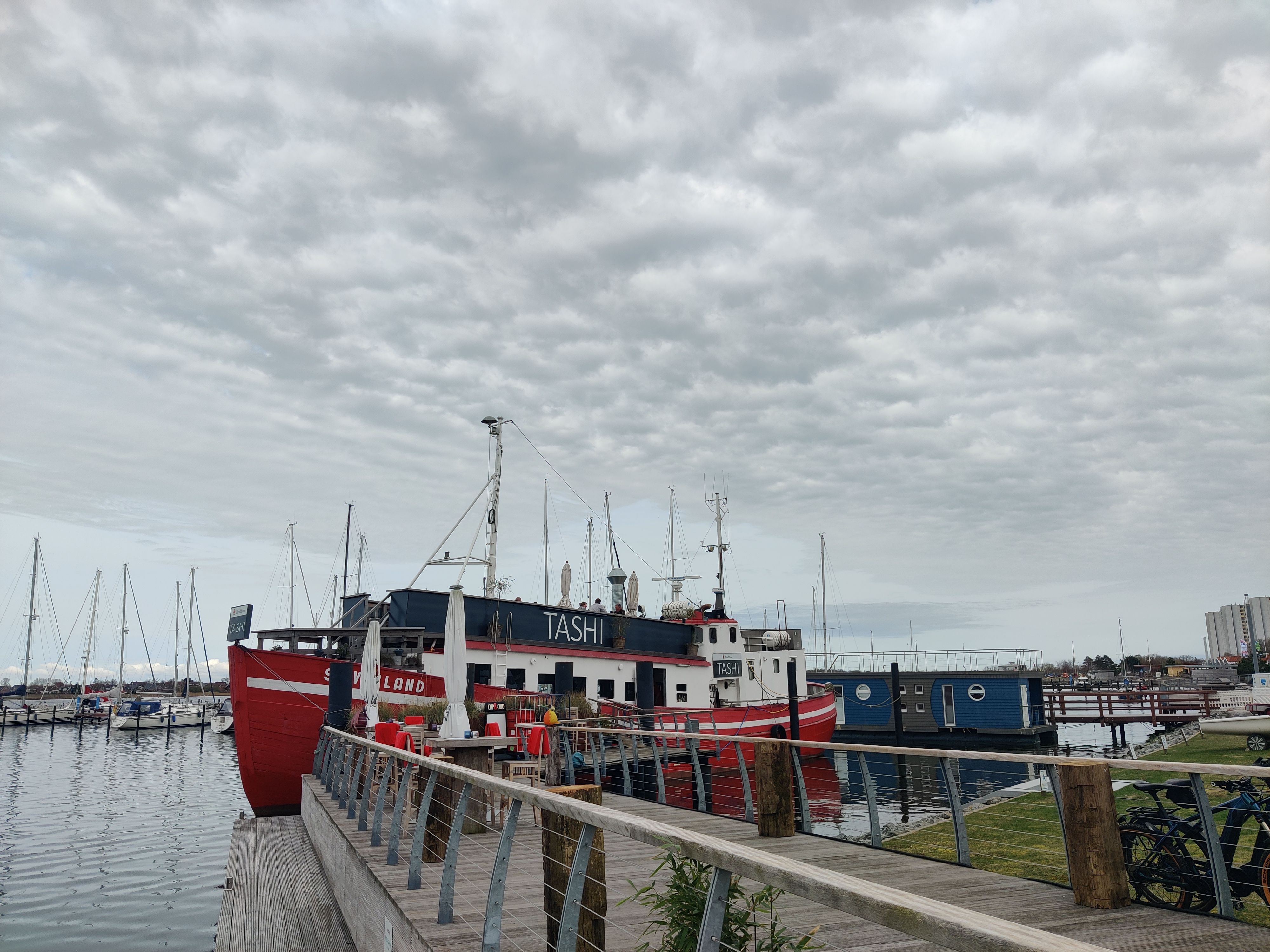 Das rote Schiff Tashi liegt an einem Pier im Hafen, umgeben von Segelbooten. Der Himmel ist bewölkt.