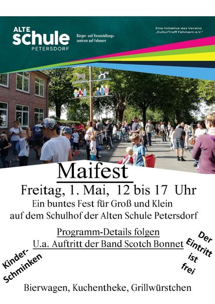 Plakat für das Maifest an der Alten Schule Petersdorf am 1. Mai von 12 bis 17 Uhr. Buntes Fest mit Musik, Kinderschminken und Verpflegung. Eintritt frei.