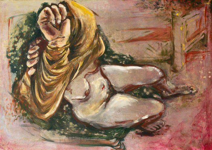 Abstrakte Darstellung einer menschlichen Figur in dynamischer Pose, teilweise von einem gelben Tuch bedeckt, auf einem farbenfrohen Hintergrund.