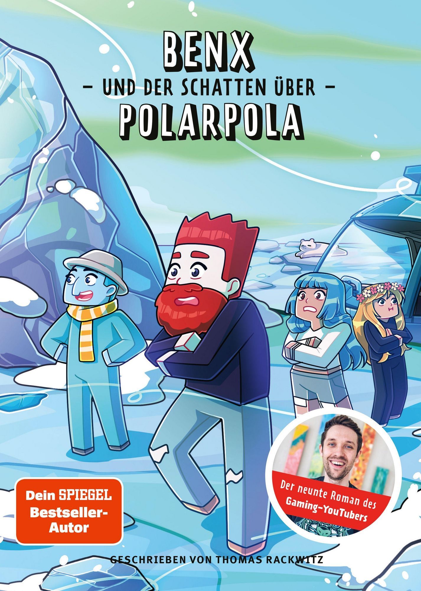 Comicfiguren in einer eisigen Landschaft auf dem Buchcover von 'Benx und der Schatten über Polarpola'.
