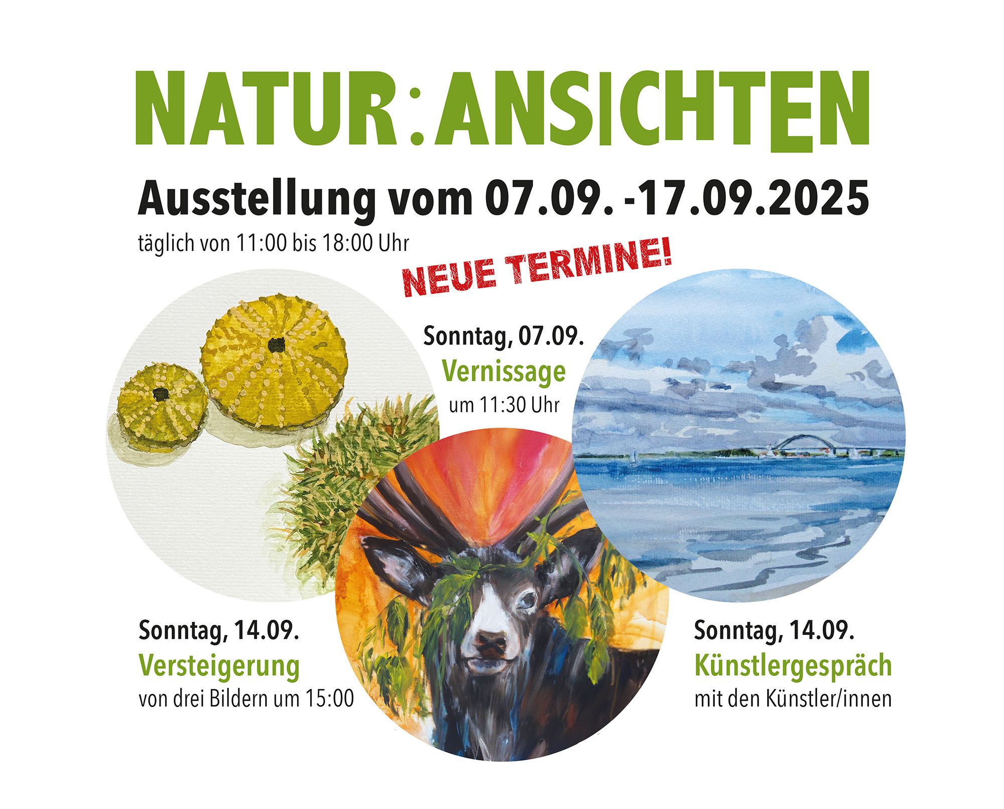 Plakat für die Ausstellung 'Natur:Ansichten' vom 07.09.-17.09.2025 mit Bildern und Terminen für Vernissage, Versteigerung und Künstlergespräch.