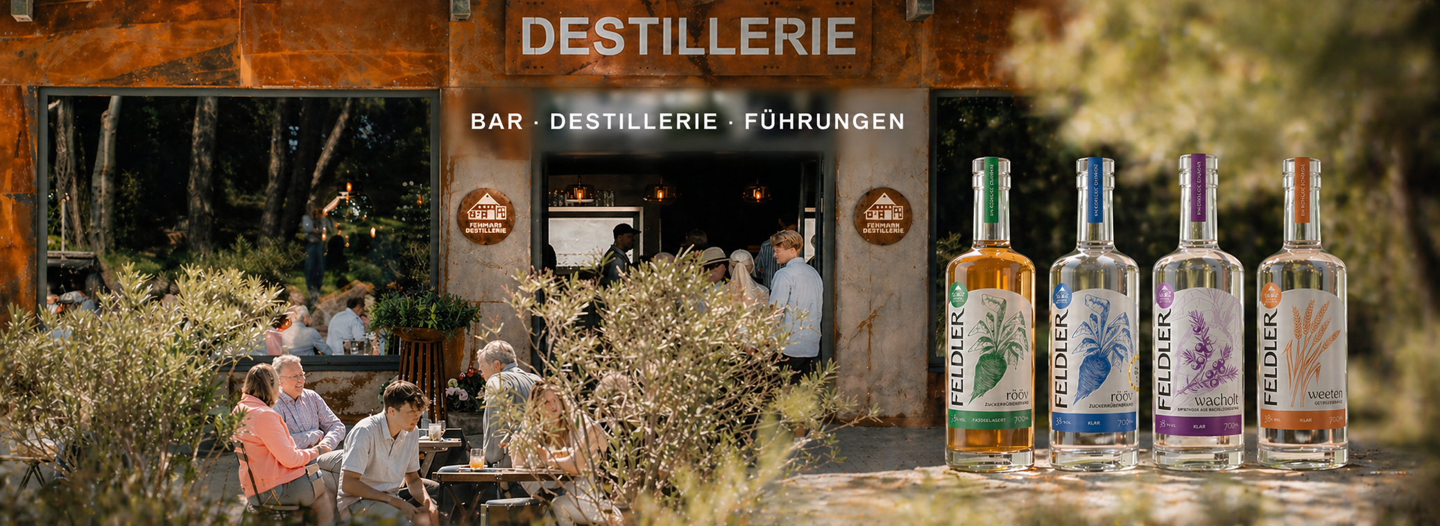 Die Fehmarn Destillerie zeigt ihre Bar und bietet Führungen an. Im Vordergrund sind vier Flaschen der Marke Feldler zu sehen.