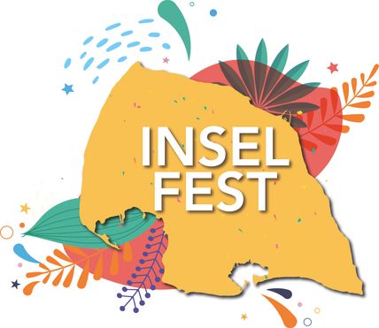 Buntes Logo des INSEL FEST 2022 mit farbenfrohen Blättern und abstrakten Formen auf einem gelben Hintergrund.