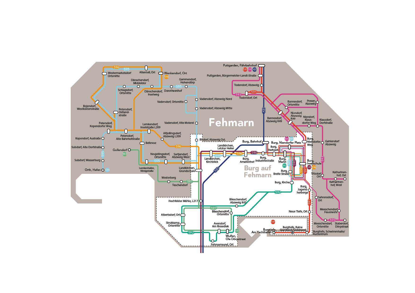 Karte des ÖPNV auf Fehmarn zeigt Buslinien und Haltestellen in verschiedenen Farben. Hauptort ist Burg auf Fehmarn. Liniennummern sind deutlich markiert.