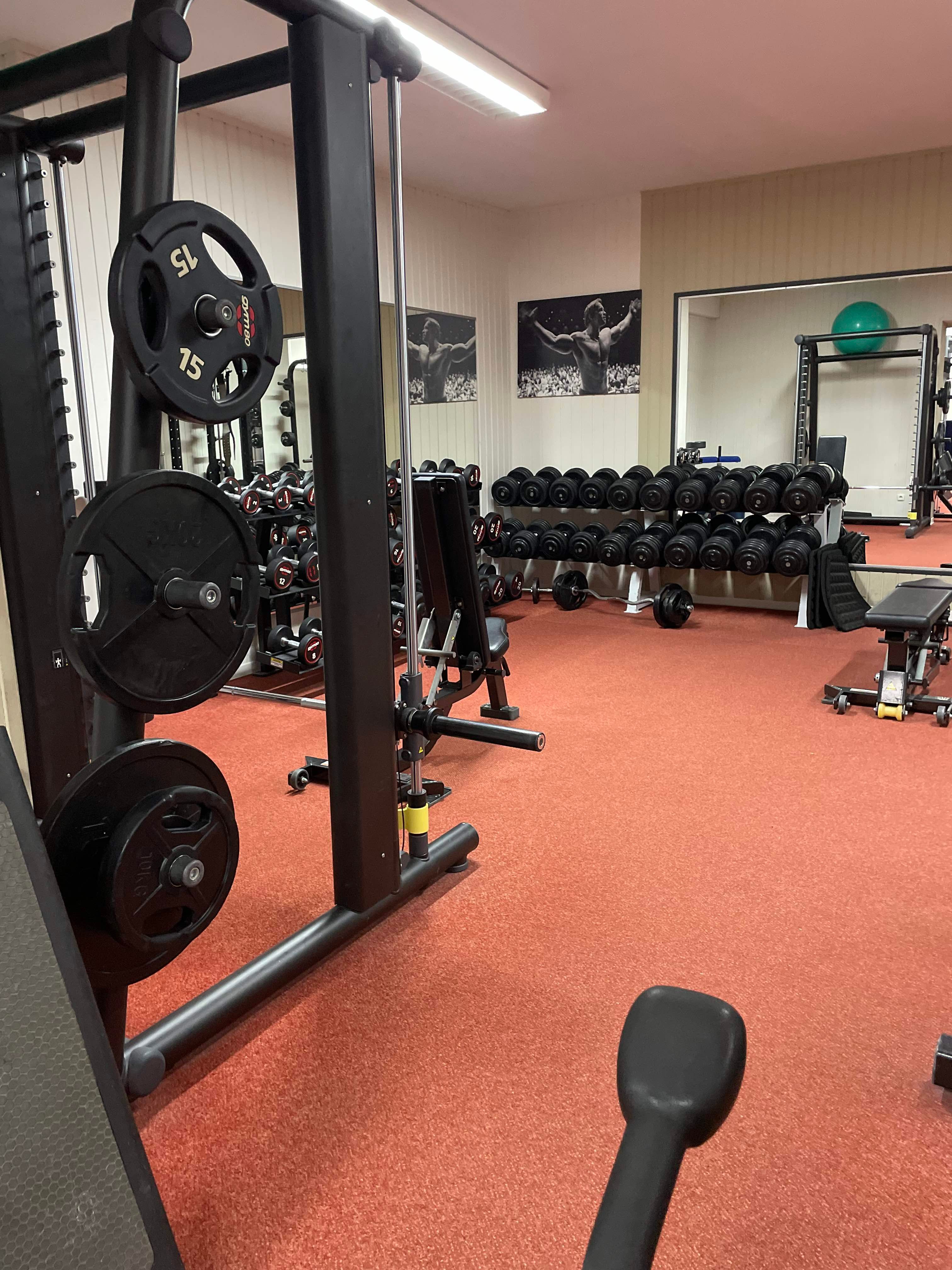 Ein Fitnessstudio mit Hanteln, Fitnessgeräten und Spiegeln auf rotem Teppichboden. An der Wand hängen Bilder von Sportlern.