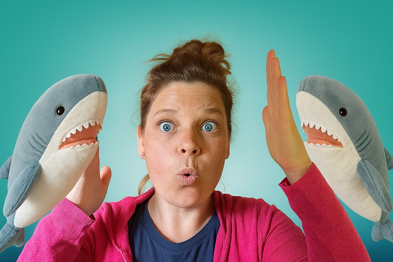 Eine Frau mit überraschter Mimik hält zwei Plüschhaie in den Händen vor einem blauen Hintergrund. Sie trägt eine pinke Jacke.