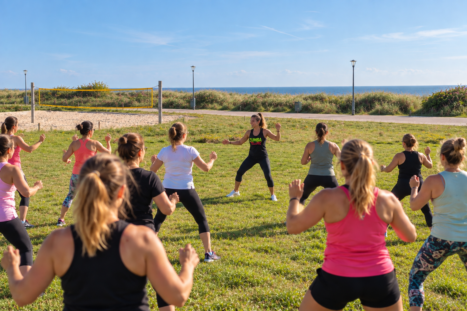 Eine Gruppe von Menschen nimmt an einem Zumba-Kurs im Freien am Südstrand teil. Im Hintergrund ist das Meer zu sehen.