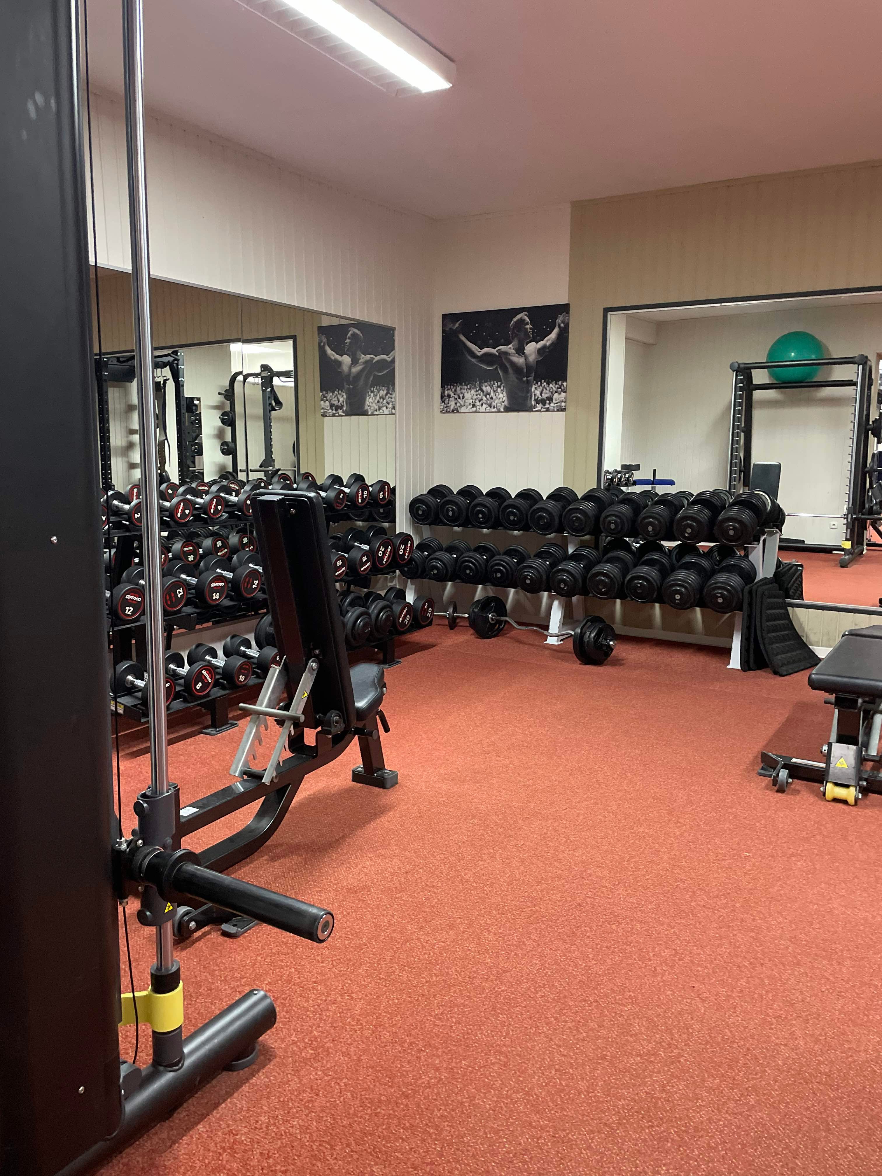 Ein Fitnessstudio mit Hanteln, Trainingsgeräten und einem Spiegel. An der Wand hängt ein Poster eines Bodybuilders. Der Boden ist mit rotem Teppich ausgelegt.
