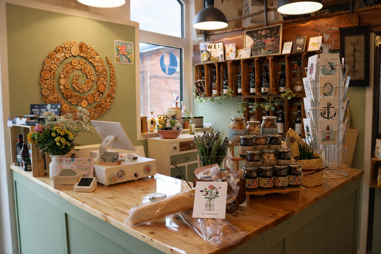Ein gemütlicher Hofladen mit einer dekorativen Theke, auf der verschiedene Produkte und Blumen arrangiert sind. Im Hintergrund sind Regale mit Flaschen.