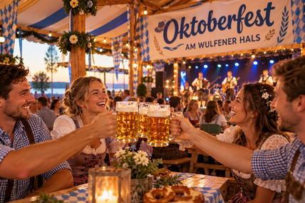 Freunde stoßen im Oktoberfest-Zelt am Wulfener Hals mit Bierkrügen an, während im Hintergrund eine Band spielt.