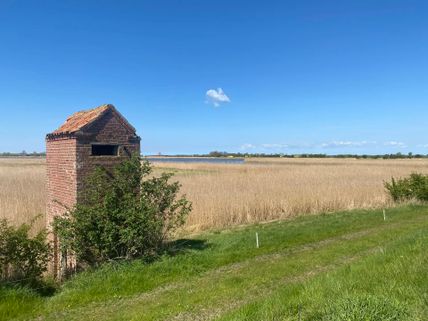 Ein altes Backsteingebäude steht in einer weiten Graslandschaft unter einem klaren blauen Himmel.