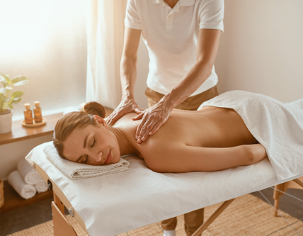 Eine Frau liegt entspannt auf einer Massageliege und erhält eine Rückenmassage in einem hellen, gemütlichen Raum.