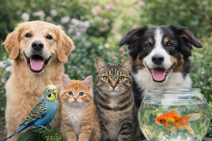 Ein Golden Retriever, ein Wellensittich, ein Kätzchen, eine getigerte Katze, ein Border Collie und ein Goldfisch in einem Glasbehälter posieren zusammen im Freien.